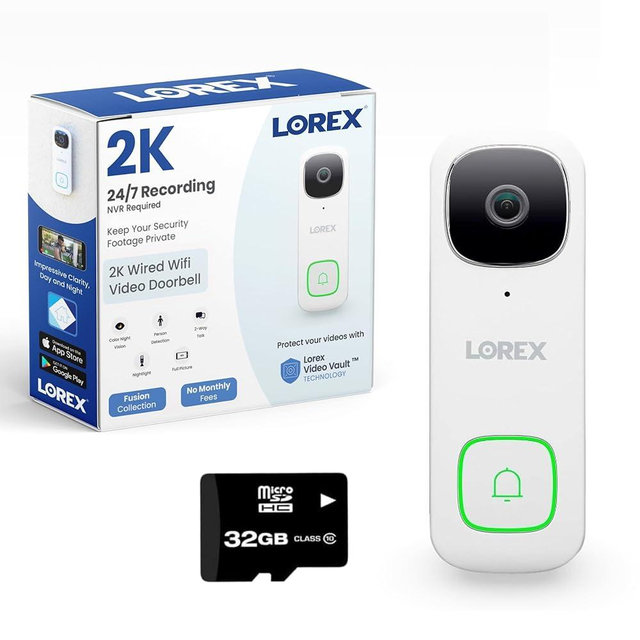 Lorex 2K Wired WiFi Smart Video Doorbell Camera w/No Subscription Fee - Smart Security Lighting, Night Vision, Motion Detection, Requires Existing Wiring (White)