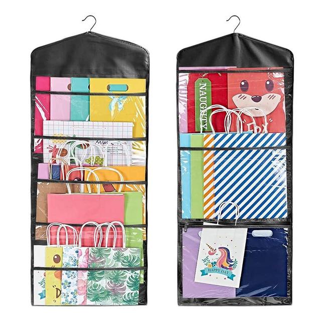 ProPik Hanging Double Sided Gift Bag Storage Organizer with Multiple Front and Back Pockets - Organize Your Gift Wrap, Tissue Paper, and Paper Bags 38 x 16 Inch PVC (Full Black)