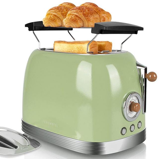 CROWNFUL 2-Slice Toaster, Extra Wide Slots Toaster, Retro Stainless Steel with Bagel, Cancel, Defrost, Reheat Function and 6-Shade Settings, Removal Crumb Tray (Slots Cover and Grill Stand Included)