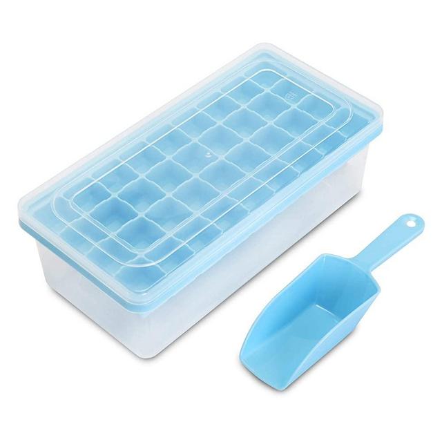 CZWL&HG Ice Cube Tray With Lid and Bin|36 Nugget Silicone Ice Tray| Flexible Safe Ice Cube Molds Comes with Ice Container, Scoop and Cover (blue)