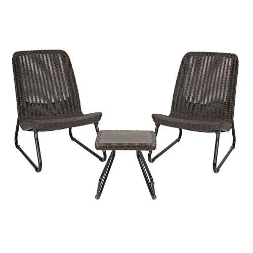 Keter Rio 3 Piece Resin Wicker Furniture Set with Patio Table and Outdoor Chairs, Whiskey Brown