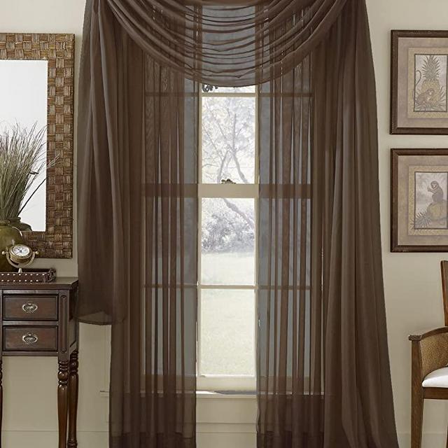 Luxury Discounts Beautiful Elegant Solid Chocolate Brown Sheer Scarf Valance Topper 38" X 216" Long Window Treatment Scarves
