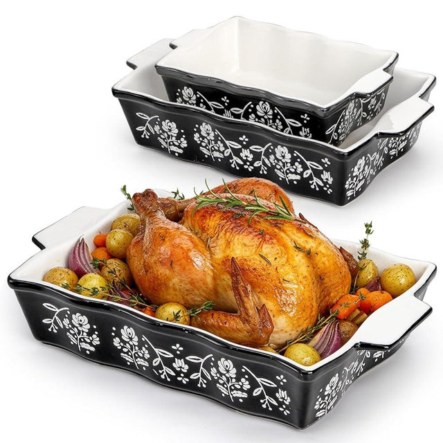 Bekith Casserole Dishes for Oven, Ceramic Baking Dishes with Handles, Ceramic Bakeware Set of 3, Rectangular Lasagna Pan Deep for Baking Cake Kitchen, Black (9"/12.3"/13.9")