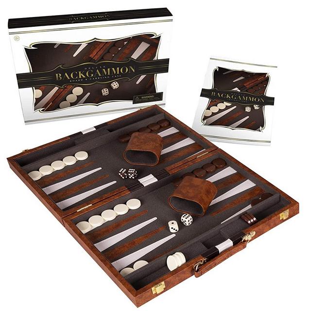 Crazy Games Backgammon Set - Classic 14.75 Inch Backgammon Sets for Adults Board Game with Premium Leather Case - Best Strategy & Tip Guide (Brown)