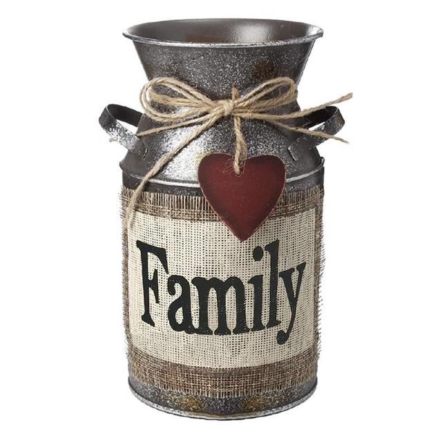 HIDERLYS 7.5 High Rustic Decorative Vase with Greetings and Rope Design, Metal Milk Can Country Jug for Living Room, Bedroom, Kitchen(Family)