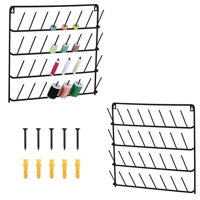 HAITARL 2 Pack 32-Spool Sewing Thread Rack, Wall-Mounted Sewing Thread Holder with Hanging Tools - Metal Black