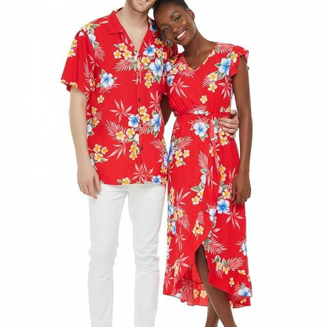 Matchable Couple Hawaiian Luau Shirt or Wrap Ruffle Dress in Hibiscus Blue
