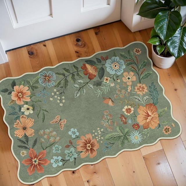 Lahome Floral Rugs for Entryway, 2X3 Washable Kitchen Rugs Ultra-Thin Soft Rug, Non Slip Indoor Door Mat Stain Resistant Boho Small Rug Low-Pile Throw Rug for Bathroom Bedroom(2x3ft,Green)