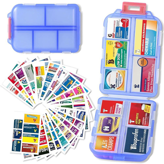 Pill Organizer with Medicine Labels Travel Daily Pill Container Mini Medication Organizer Storage Pill Organizer Travel Essentials Pill Case 7 Day (Blue & 161 Lables)