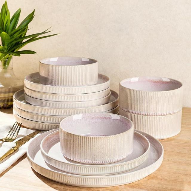 TheTerra Ceramic Dinnerware Sets for 4, 12 Pieces Porcelain Lightweight Speckled Plates and Bowls Sets, Scratch Resistant Dish Set, Oven & Microwave & Dishwasher Safe, Primrose Pink