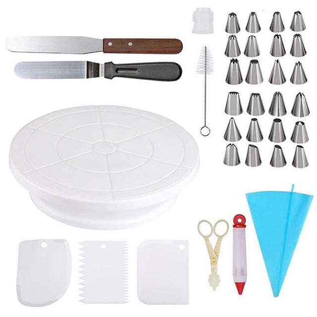 Cake Turntable Cake Decorating kit Supplies - 24 Stainless piping nozzles 1 Icing Spatula 1 Pastry Bag 1 Cake Brush 1 Cake Cutter 1 Cake Pen 3 Cake Scrapers