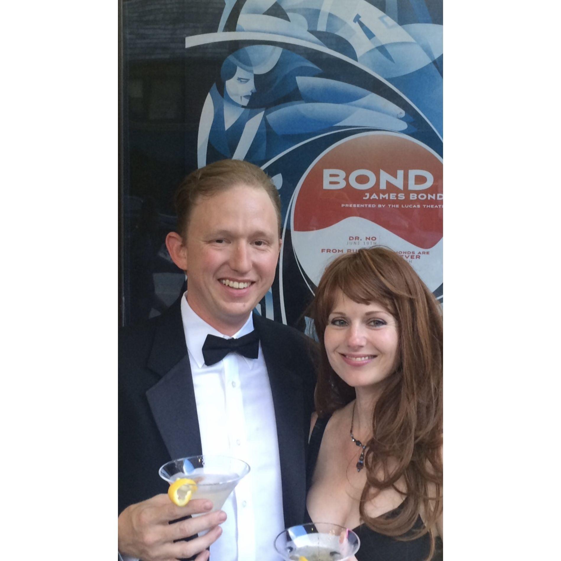 July 17, 2015, our first date, seeing a James Bond movie.  Patrick thought of every detail.  He dressed in a tux and even had plastic martini glasses that we could carry on the street in suave James Bond style. I wore a wig since I only had a few minutes to change after work.  The staff at the theater were so thrilled that we dressed up that they gave us free popcorn and hoped we were starting a trend.  Martha at the bar later slapped Patrick because she didn't recognize me in a wig and thought he was stepping out with a red head.