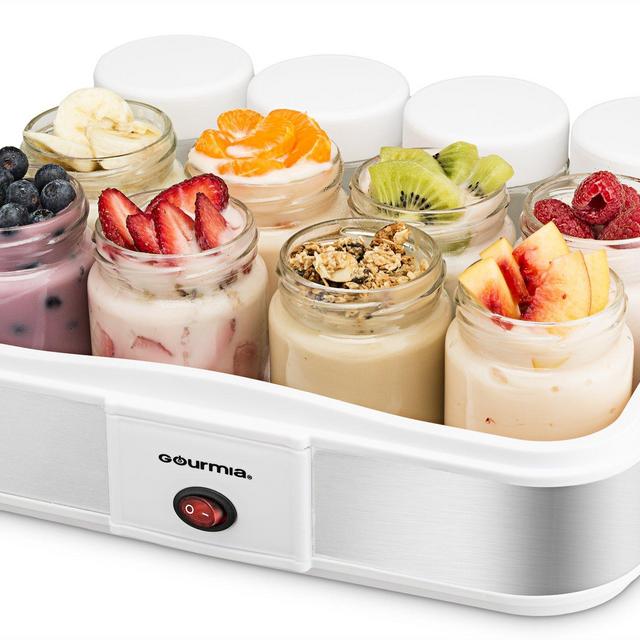 Gourmia GYM1710 Auto Yogurt Maker - 12 Glass Jars - Customize Flavor & Thickness - Free Recipe Book Included
