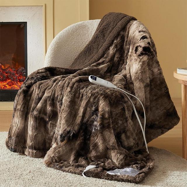 Bedsure Heated Blanket Electric Throw - Faux Fur Sherpa Electric Blanket, Heating Blanket with 6 Heating Levels & 4 Timer Settings, Giftable Heated Throw Blanket (50x60 inches, Dark Chocolate)