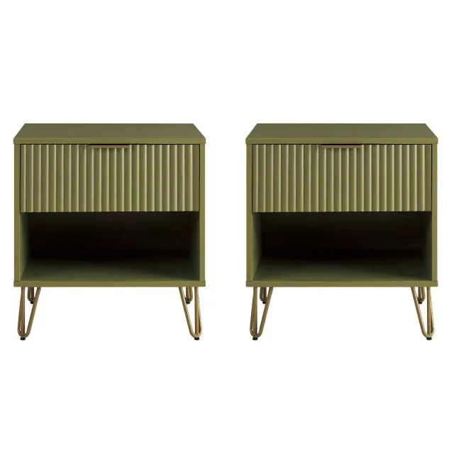Manhattan Comfort Set of 2 Dumbo Nightstands with Drawer Olive Green: Modern MDF Construction, Metal Glides, Storage Shelf