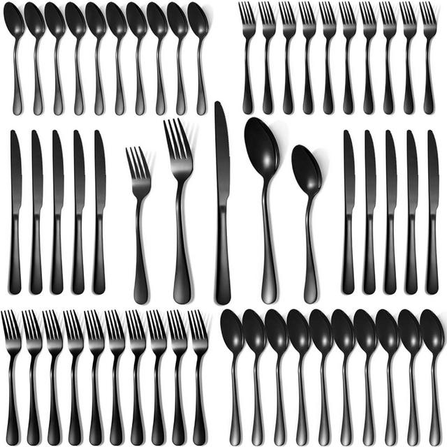 Lazycorner 50 Pcs Black Silverware Set for 10, Food Grade Stainless Steel Flatware Set Include Fork/Knife/Spoon, Mirror Polished Eating Utensils Sets, Durable Silverwear Cutlery Set, Dishwasher Safe