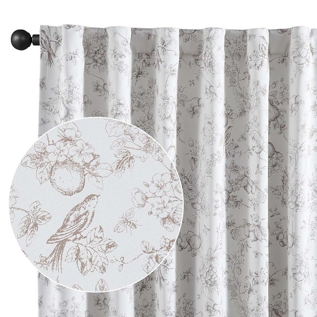 Vangao Taupe 100% Blackout Curtains for Bedroom 96 Inch Length, Country Flower Floral Curtains for Living Room Toile Cottagecore Thermal Insulated Window Drapes, 2 Panels Taupe and White