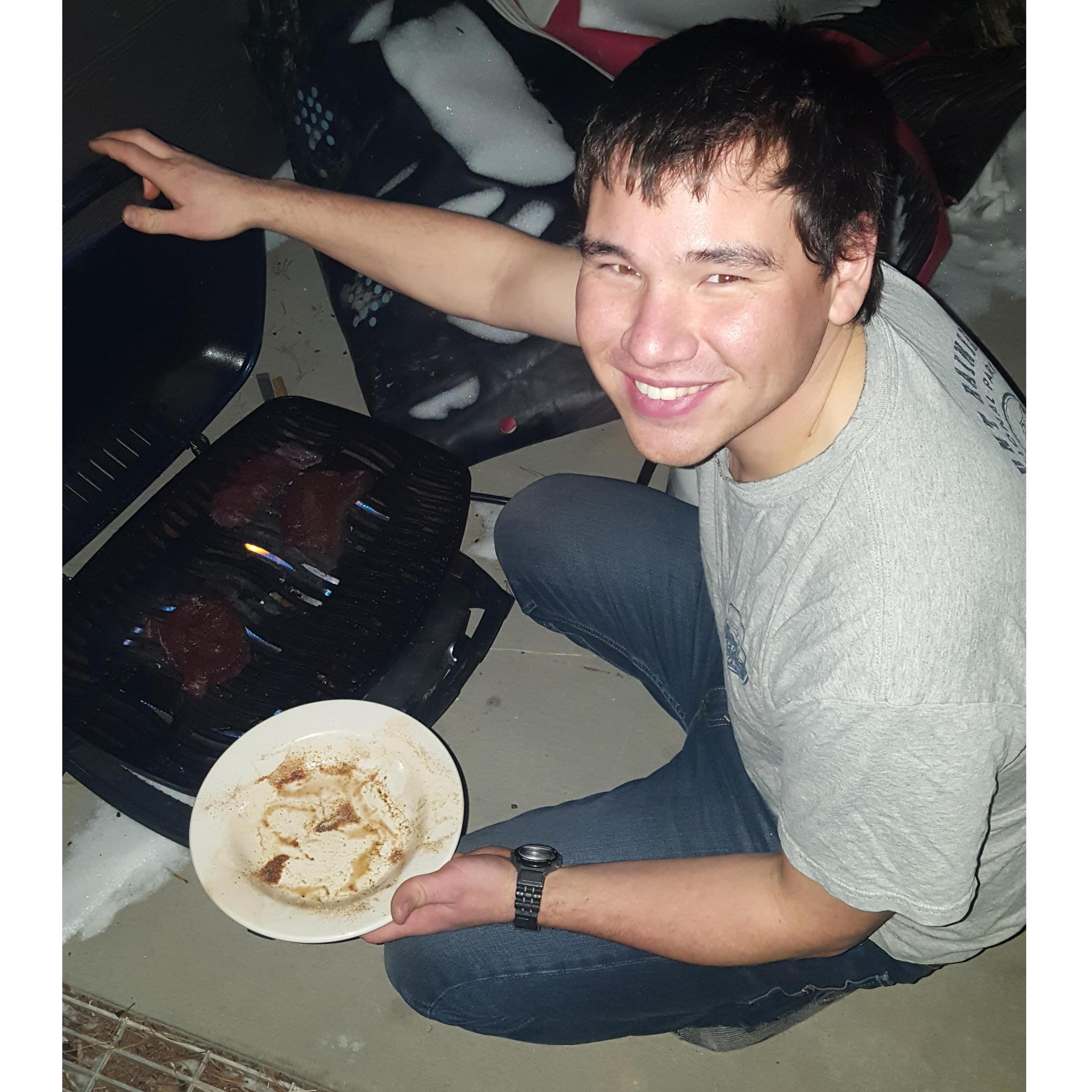Forrest grilling outside in the winter!