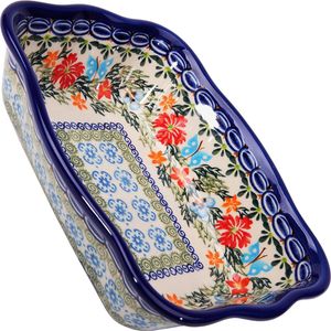 Lidia's Polish Pottery, Inc. - Polish Pottery Ceramika Boleslawiec Fala Baker Small, 7-3/4-Inch by 6-1/8-Inch, 3 Cups, Royal Blue Patterns with Red Cornflower and Blue Butterflies Motif