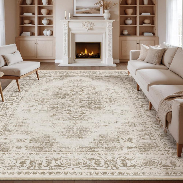 HUGEAR 8x10 Area Rugs for Living Room Vintage Washable Rug Taupe Boho Floral Medallion Print Low Pile Carpet Throw Rug for Bedroom Office Dining Kitchen Laundry Room Non Slip