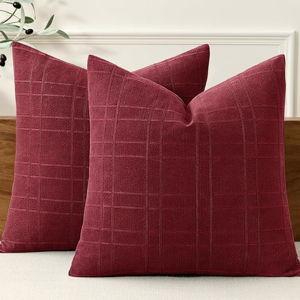 MIULEE Decorative Linen Check Throw Pillow Covers Neutral Farmhouse Vintage Pillow Covers 18x18 Set of 2 Boho Modern Home Decor for Sofa Couch Bedroom Cushion Burgundy
