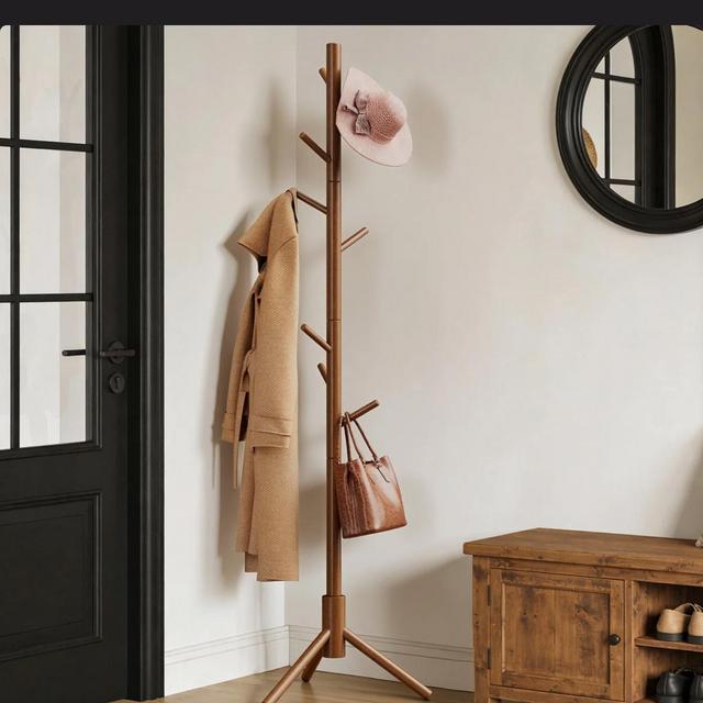 Adosinda 8 - Hook Freestanding Adjustable Solid Wood Coat Rack for Bedroom, Closet, Entrance - Brown