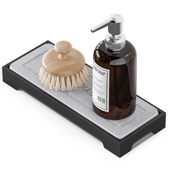 DALSHABET Kitchen Bathroom Sink Caddy Organizer, Sponge Soap Holder for Kitchen Sink Counter, Instant Dry Diatomaceous Earth Board with Bamboo Frame, Strong Water Absorption