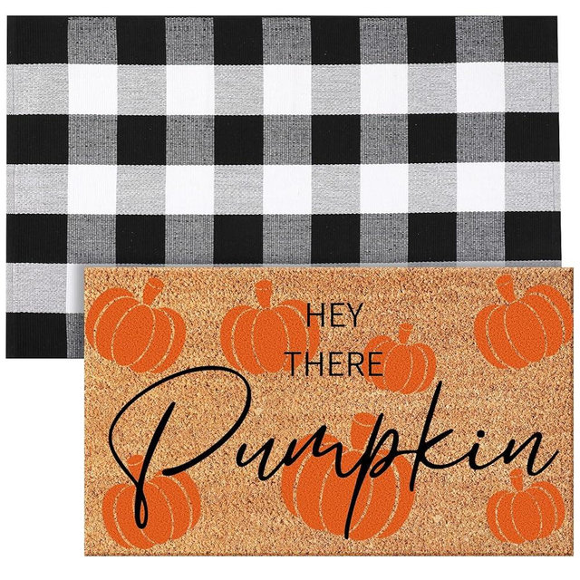Duraaamo 2 Pcs Fall Coir Doormat Outdoor 16'' x 28'' Hey There Pumpkin Welcome Mats 24'' x 35'' Black and White Plaid Outdoor Rug Fall Non Slip Floor Mat Fot Autumn Indoor Entrance Porch Front Decor