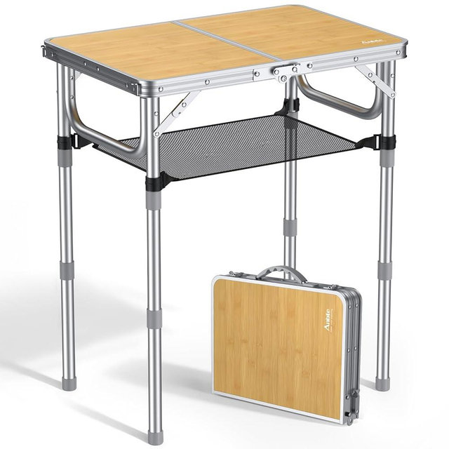 Anbte 2ft Camping Table Foldable, 3 Adjustable Heights High 27.5" Aluminum Small Folding Table with Carrying Handle, Portable, for Outdoor Indoor Picnic Beach BBQ Travel, 24" x 16", Light Oak Grain