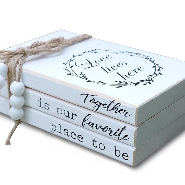 LIVDUCOT Decorative Books for Home Coffee Table Decor, Faux Books for Decoration, Modern Farmhouse White Wood Book Stack Decor for Shelf, Together is Our Favorite Place to Be Sign 7x5.5x2.5
