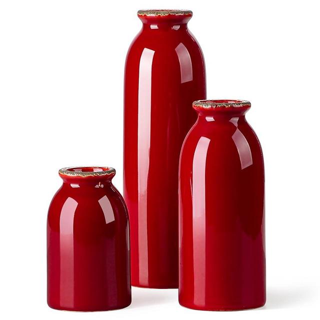Ceramic Red Vase Set, 3 Piece Small red Vase, Modern Farmhouse Decorative, Ideal Shelf Décor, Table Décor, Living Room Table Decor, Fireplace and Entrance Decorate.