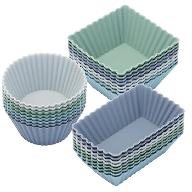 24Pack Silicone Muffin Cups, Reusable Cupcake Liners Molds for Baking, 3 Shapes Lunch Box Bento Dividers-Round, Square, and Rectangular (Grey Series, Regular Size)