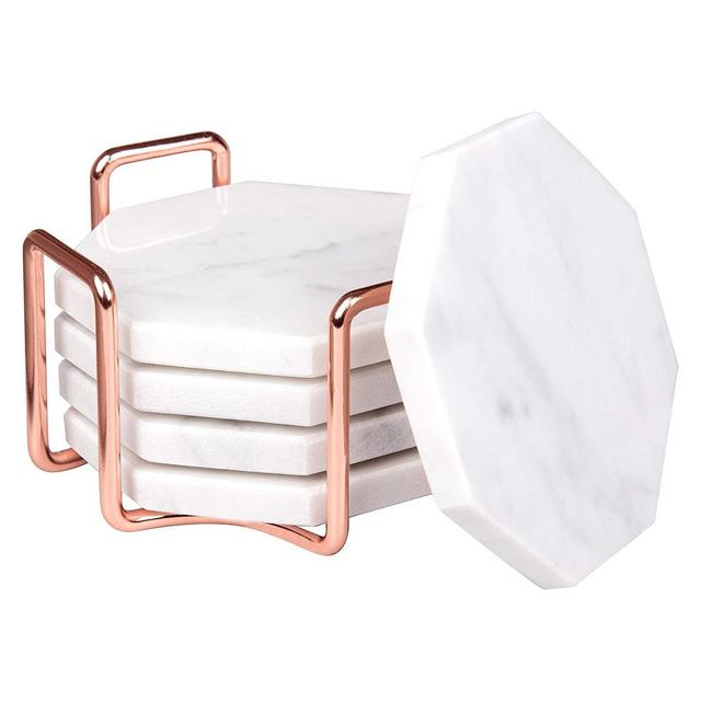 Deco White Carrara Coasters w/ Rose Gold Holder for Drinks- Set of 5 - Tabletop Protection for Any Table Type- Fits Any Size Wine Glass Cup Mug