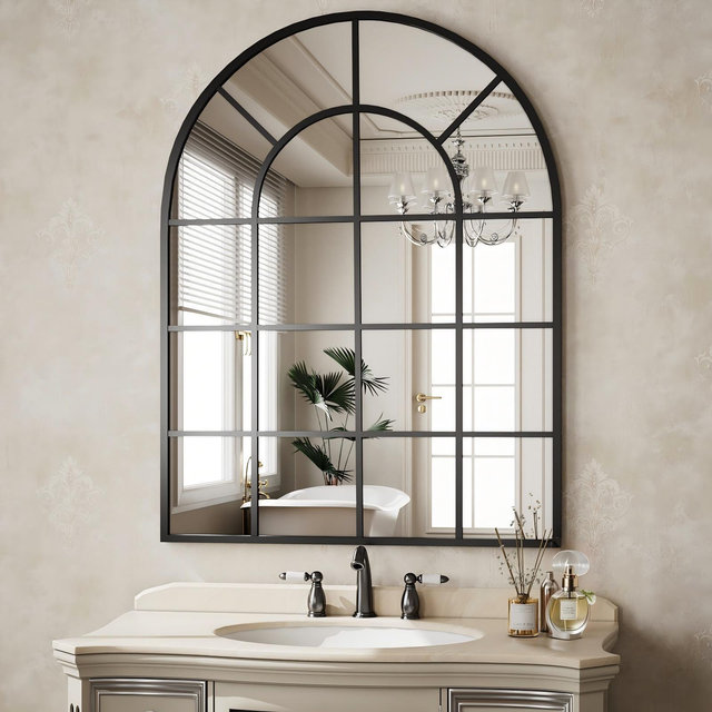 BEAUTYPEAK Arched Windowpane Mirror Bathroom Mirror Wall Mirror Mordern Mirror for Bedroom,Living room