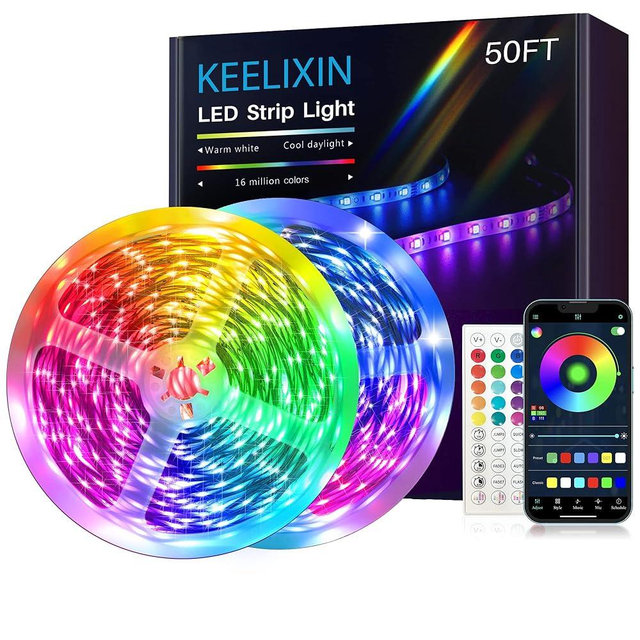 LED Lights 50ft,RGB LED Strip Lights,LED String Lights,Bluetooth LED Lights,LED Rope Lights for Bedroom,String Lights Bedroom,Tape Lights,Room Lighting with Smart APP & Remote Control,2Rolls of 7.5m