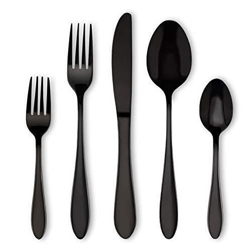 HOMQUEN Titanium Black Plated Stainless Steel Flatware Set 20 Piece, Black Flatware Set, Black Silverware Set Service for 4 (Shiny Black)