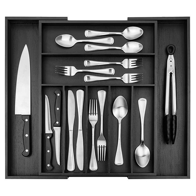 RMR Home Bamboo Silverware Organizer - Expandable Kitchen Drawer Organizer and Utensil Organizer, Perfect Size Cutlery Tray with Drawer Dividers for Kitchen Utensils and Flatware (7-9 Slots) (Black)