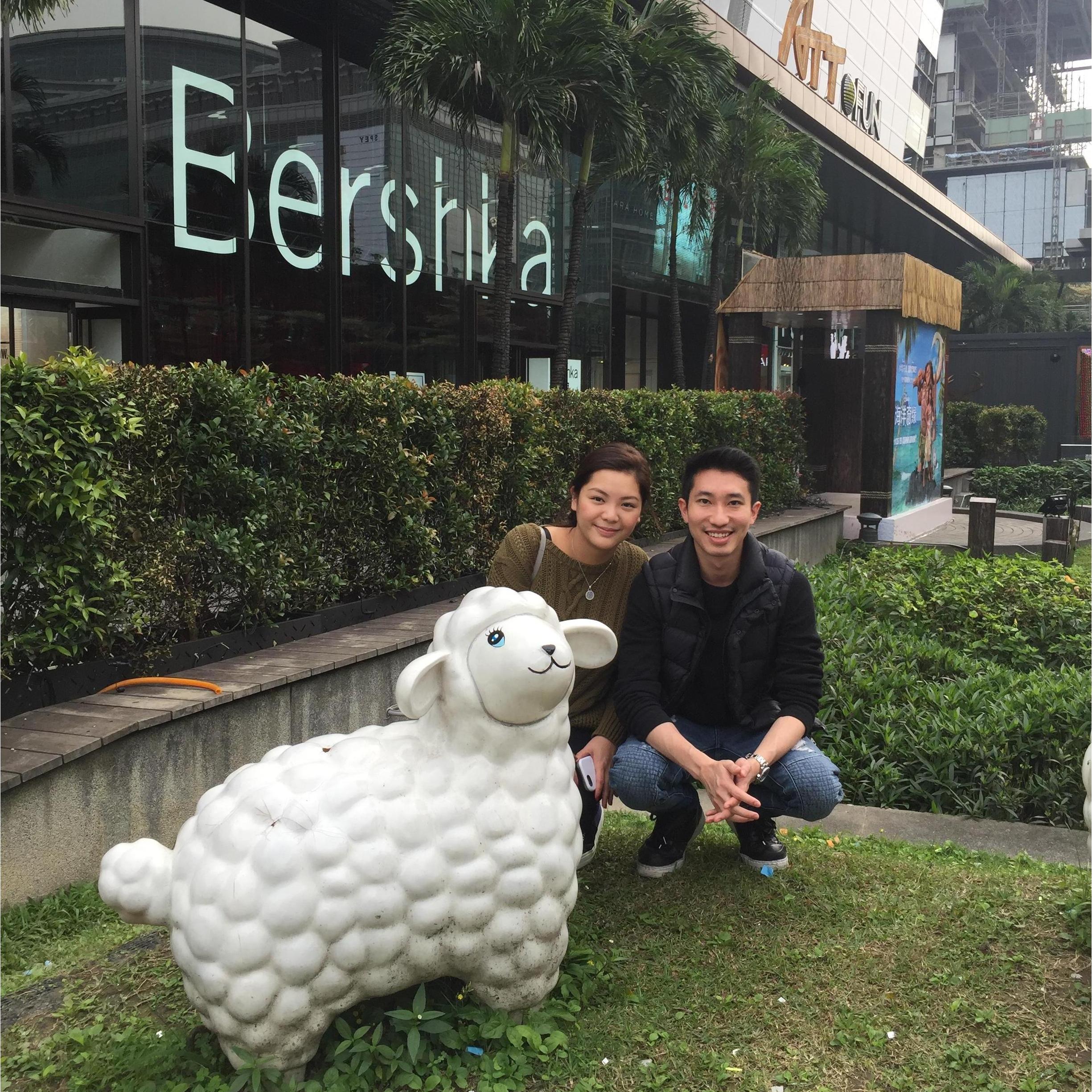 Taking a picture with Kevin's Chinese Zodiac in Taipei.