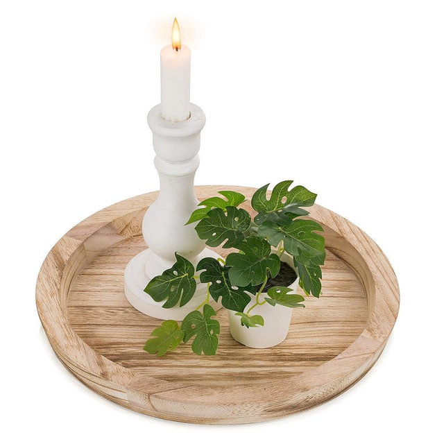 Hanobe Rustic Wooden Serving Tray: Round Wood Decorative Tray Rustic Centerpiece Candle Holder Trays Farmhouse Ottoman Tray for Decor Kitchen Counter Home Decor for Coffee Table
