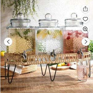 1.5 Gallon Glass Drink Dispenser for Parties 3 PACK Beverage Dispensers with Stand, Glass Water Jug Dispenser, with 18/8 Stainless Steel Spigot, Great for Party, Wedding, Picnic, BBQ Wicker Design