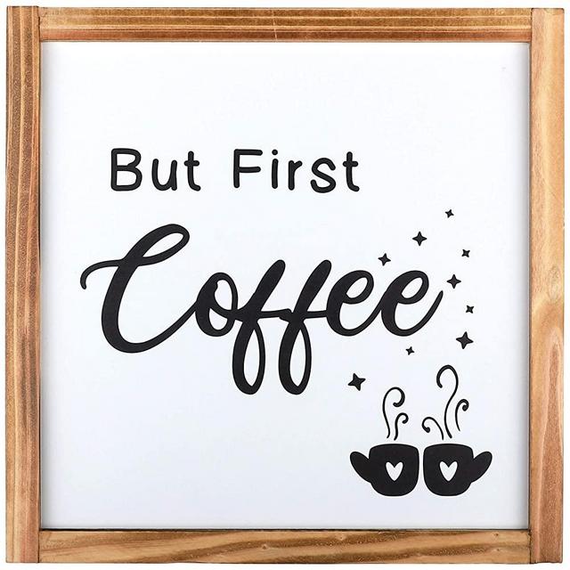 whoaon Coffee Bar Decor Sign, But First Coffee. Rustic Wood Frame Coffee Sign for Rustic Coffee Bar Decor, Farmhouse Coffee Wall Decor with Coffee Bar Sign. 12”x12”