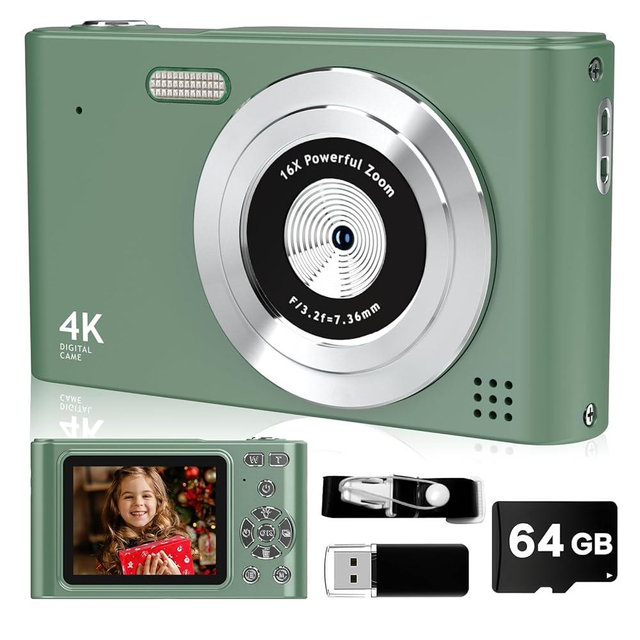 Digital Camera FHD 1080P with 64GB Card,44MP Point and Shoot Kids Camera with Anti Shake 16X Zoom，Portable Small Camera Gift for Kid Girl Boy Teen (Green)