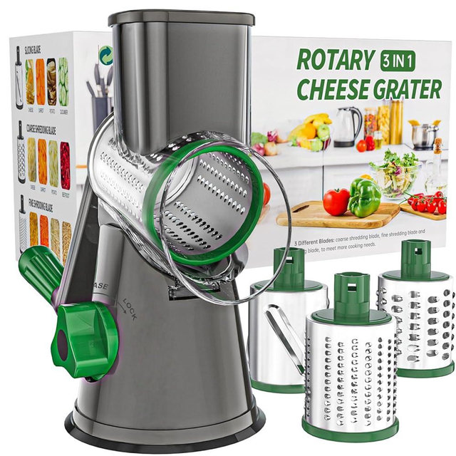 Cambom Rotary Cheese Grater Hand Crank Cheese Shredder for Fresh Cheese, Vegetable, Nuts,Non-slip Suction Base, Free Cleaning Brush Three Blades, Grey and Green