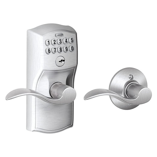 SCHLAGE FE575 CAM 626 ACC Camelot Keypad Entry with Auto-Lock and Accent Levers, Brushed Chrome