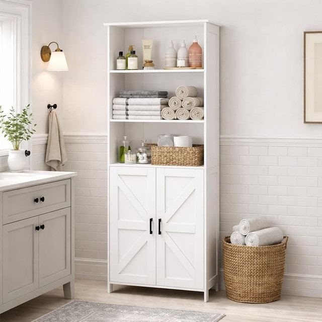 Homhedy 67" Tall Bathroom Storage Cabinet, Freestanding Farmhouse Cabinet with 2 Doors and Adjustable Shelf, Bathroom Organizers and Storage for Kitchen, Living Room, Laundry Room, White