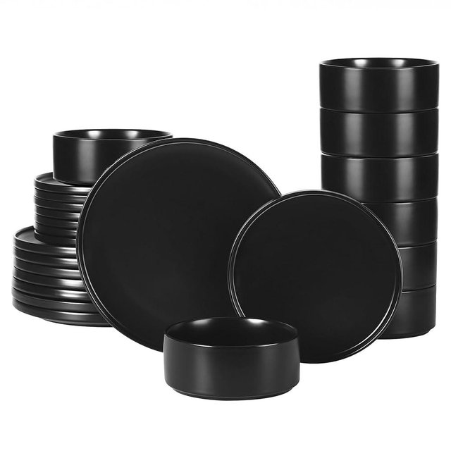 GZG Classic Series - Plates and Bowls Set for 8, 24 Piece Stoneware Dinnerware Sets, Microwave and Dishwasher Safe Lead-Free Handcrafted Ceramic Dishes Set - Matte Black