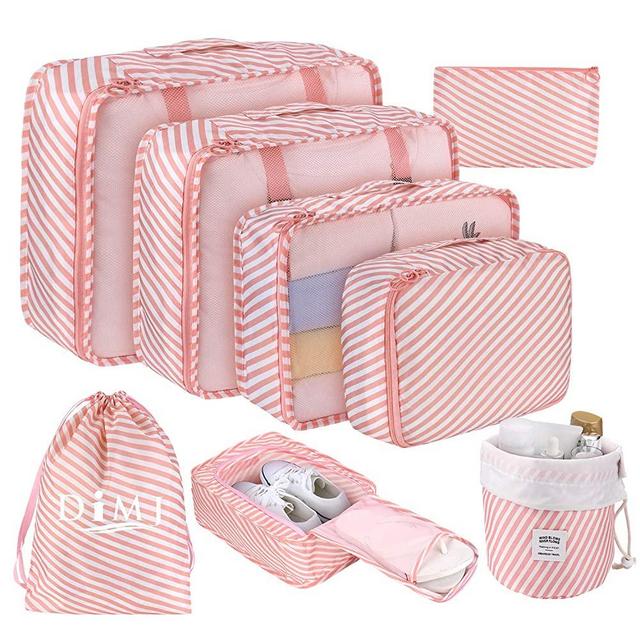 Packing Cubes for Travel, 8Pcs Travel Cubes Set Foldable Suitcase Organizer Lightweight Luggage Storage Bag (Pink stripe)