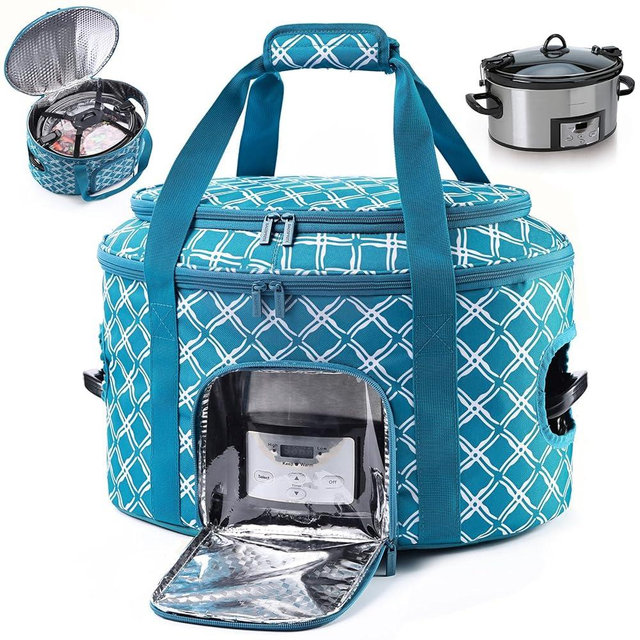 BAGSPRITE Double-layer Slow Cooker Carrying Case for Crock Pot 6-8 Quart, Insulated Crockpot Carrier with Adjustable Lid Straps,Portable Slow Cooker Travel Bag for Potluck, Parties, Family Gatherings