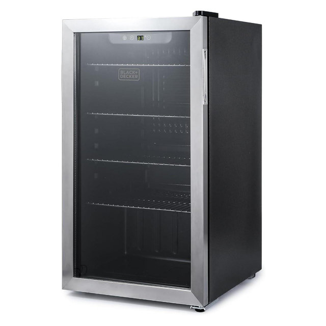 BLACK+DECKER 3.3 Cu. Ft. Beverage Cooler, Beverage Fridge with Double Pane Glass Door, Refrigerator for Drinks with 112-Can Capacity, LED Display