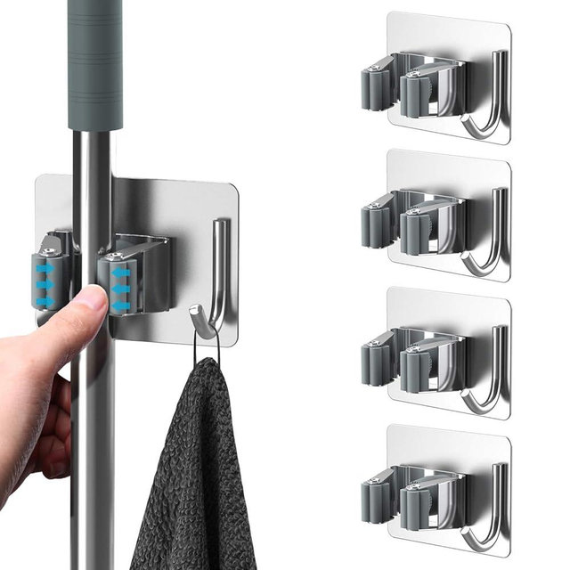 homeasy Mop Broom Holder No Drill, Mop Broom Organizer Wall Mounted Heavy Duty with Hooks Hanger, Self Adhesive Stainless Steel 6Pcs for Bathroom, Kitchen, Office (Silver)